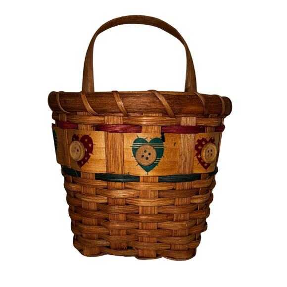 Vintage Country Heart Button Basket Duo – Rustic Wood Handle Wall & Table Set - Picture 6 of 11